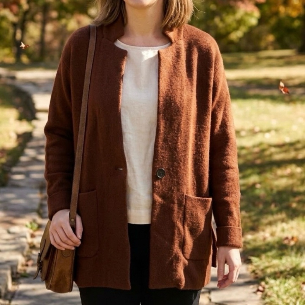 Talbots One Button Wool Blend Cardigan Sweater S Copper Brown